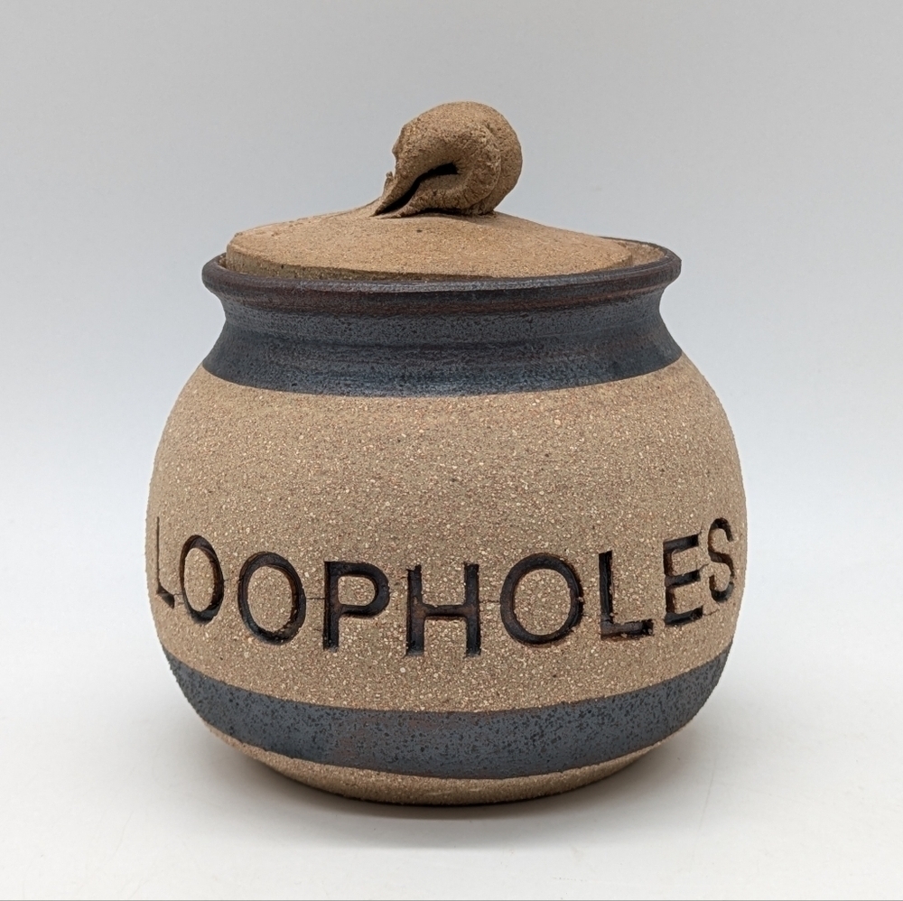 Vintage Stoneware pottery Loopholes tan brown jar with lid